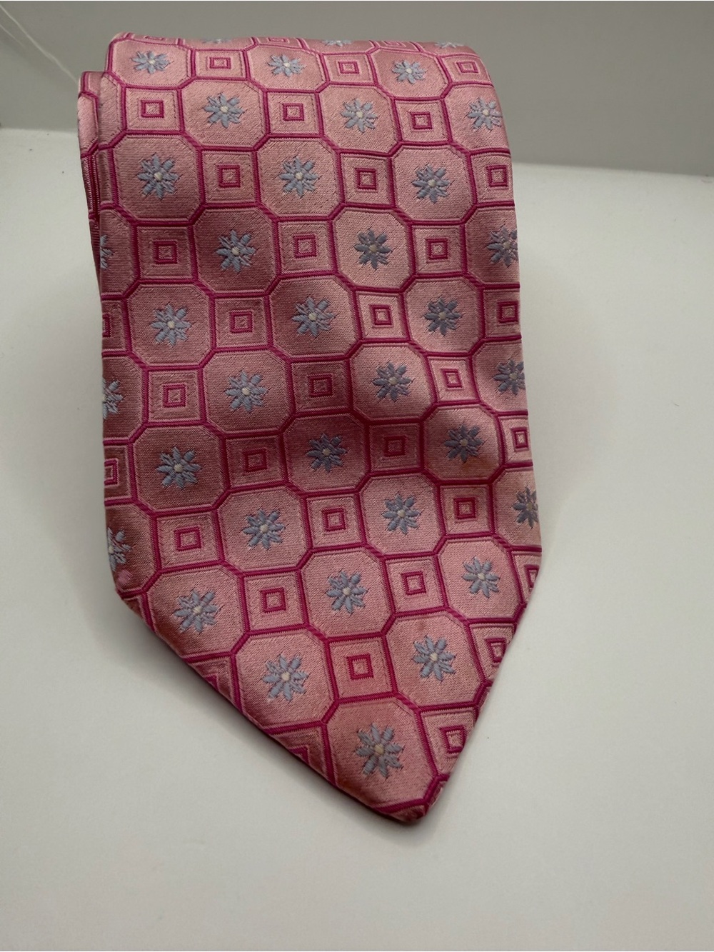 Ike Behar Pink and Light Blue Geometric Silk Tie